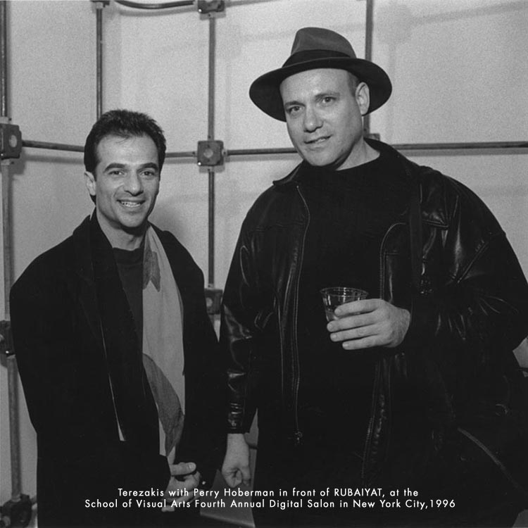Perry Hoberman and Peter Terezakis in front of the participatory sculpture Rubaiyat, 4th Digital Salon School of Visual Arts, NYC 1996