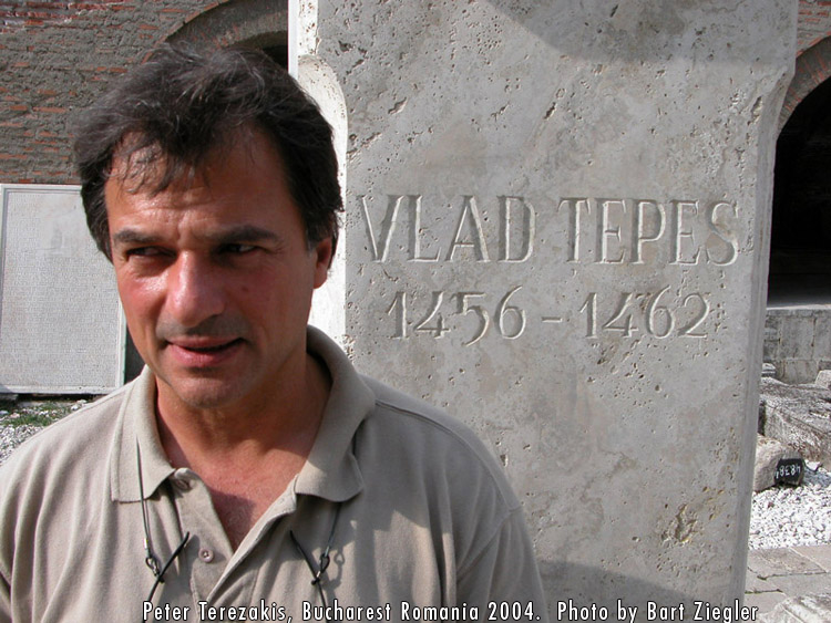 Terezakis in front of a memorial marker for the under-rated, much maligned folk-hero Vlad Tepes, Buchrest Romania2004