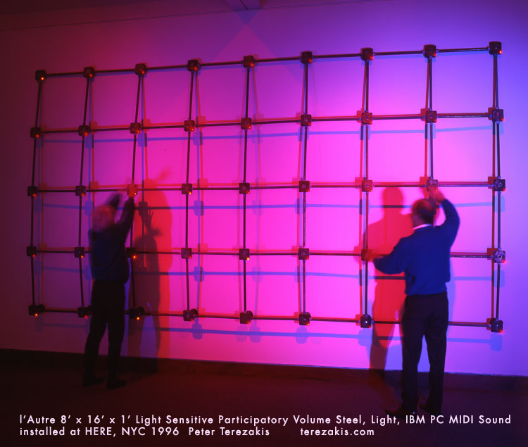 Terezakis l'Autre HERE Acid etched steel grid with computer sensors triggering MIDI sound output. Eight feet high, sixteen feet long, one foot thick exhibition space, NY NY 1996