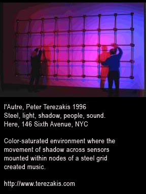 l'Autre, Peter Terezakis 1996 Steel, light, shadow, people, sound. Here, 146 Sixth Avenue, NYC  Color-saturated environment where the movement of shadow across sensors mounted within nodes of a steel grid created music.http://www.terezakis.com  